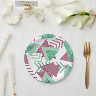 80s Fresh Abstract Pink and Green Shapes Pattern Paper Plate