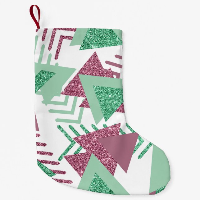 80s Fresh Abstract | Pink and Green Shapes Pattern Small Christmas Stocking (Front)