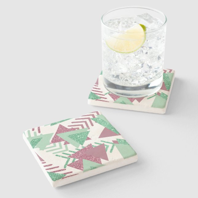 80s Fresh Abstract | Pink and Green Shapes Pattern Stone Coaster (Side)