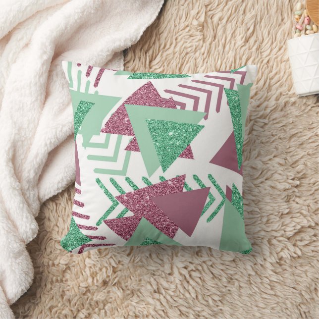 80s Fresh Abstract | Pink and Green Shapes Pattern Throw Pillow (Blanket)