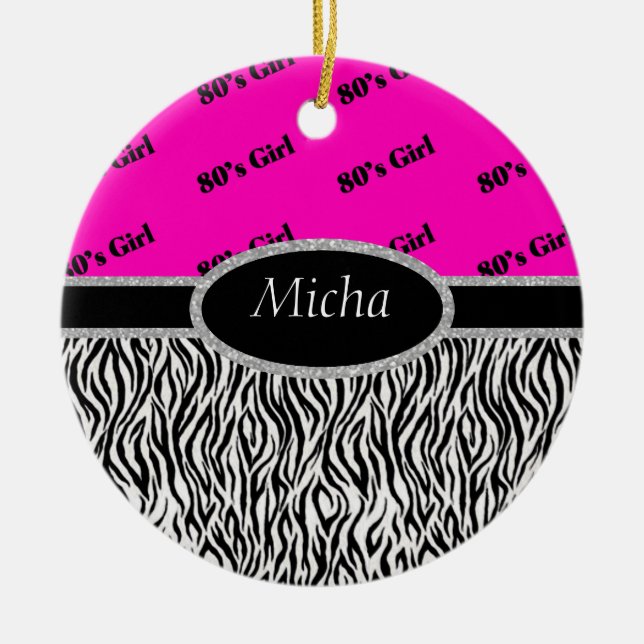 80's Girl Neon Pink & Zebra Monogram Ceramic Ornament (Front)