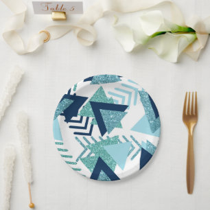 80s Luxe Abstract   Turquoise and Navy Blue Shapes Paper Plate