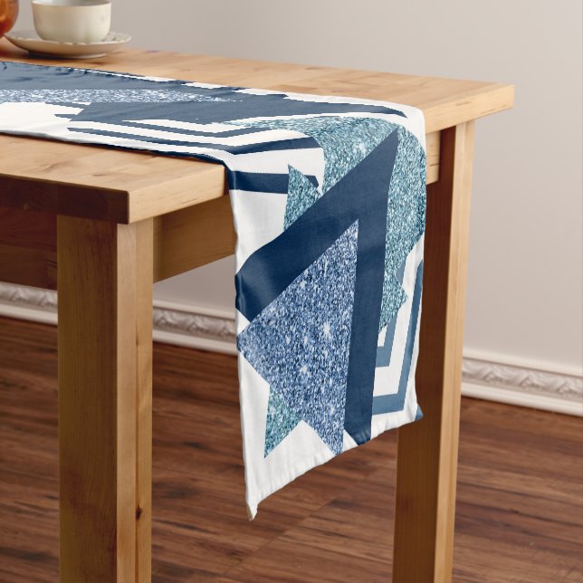 80s Luxe Abstract | Turquoise and Navy Blue Shapes Short Table Runner (In Situ)