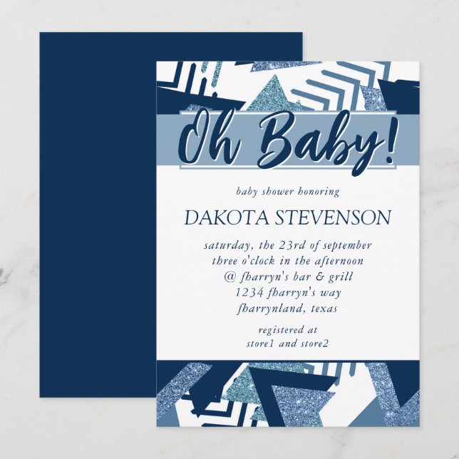 80s Luxe Abstract | Turquoise and Navy Oh Baby Invitation (Front/Back)