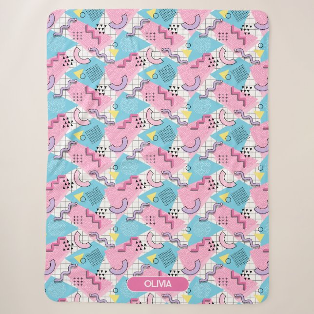 80's Memphis Active Pink Light Blue Sherpa Blanket (Front)