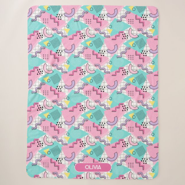 80's Memphis Active Pink Turquoise Sherpa Blanket (Front)
