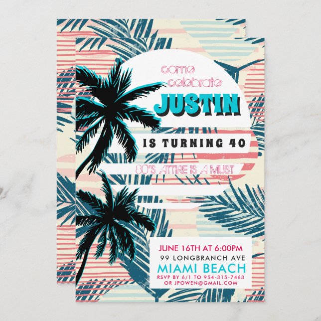 80s Miami Birthday Party Invitation (Front/Back)