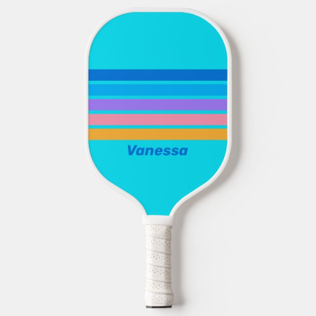 80s Neon Ocean Sky Across Striping with Name Pickleball Paddle (Front)