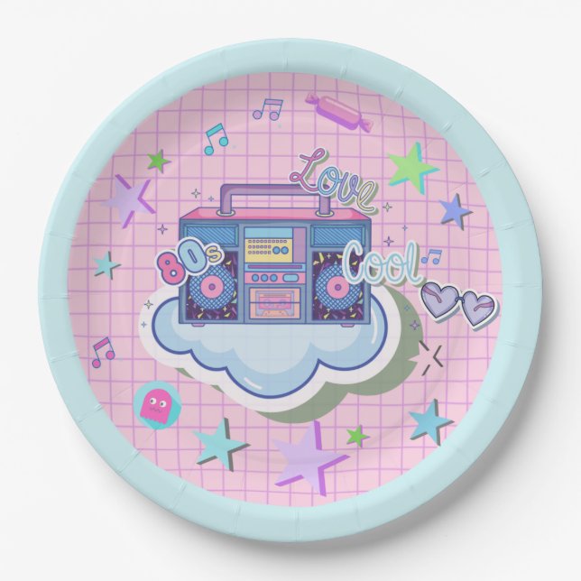 80's party, music, rock and roll, retro, tweens paper plate (Front)