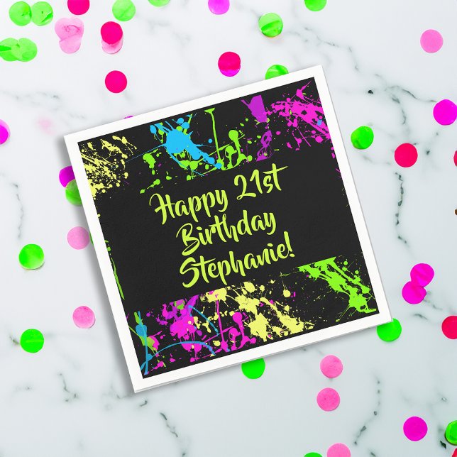 80s Party Retro Neon Paint Splatter Personalized Napkin (custom 80s birthday party decorations napkin)