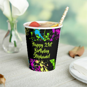 80s Party Retro Neon Paint Splatter Personalized Paper Cups