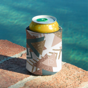 80s Retro Abstract   70s Green and Gold Monogram Can Cooler