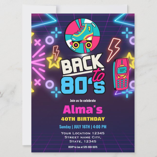 80s Retro Neon 40th birthday  Invitation (Front)