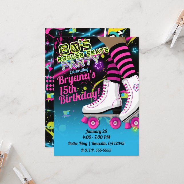 80's Retro Roller Skating Skate Dark Skin Party Invitation (Front/Back In Situ)