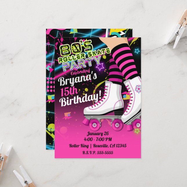80's Retro Roller Skating Skate Pink Party  Invitation (Front/Back In Situ)