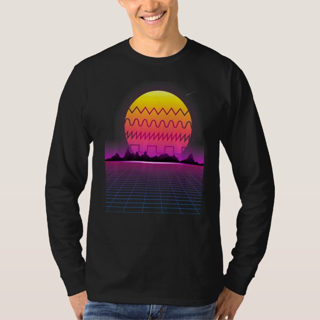 80s Retro Sunset Synthesizer  Synthwave Waveform T-Shirt (Front)