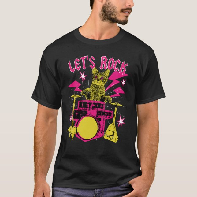 80s Rock N Roll Girl Cat Let's Rock T-Shirt (Front)