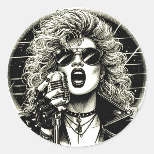 80s Rocker chick female singer ink illustration Classic Round Sticker
