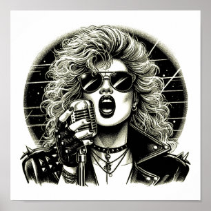 80s Rocker chick female singer ink illustration  Poster