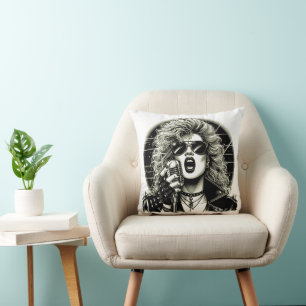 80s Rocker chick female singer ink illustration Throw Pillow
