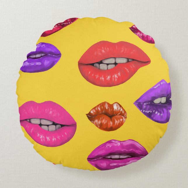 80's style: colourful lips pattern. round pillow (Front)