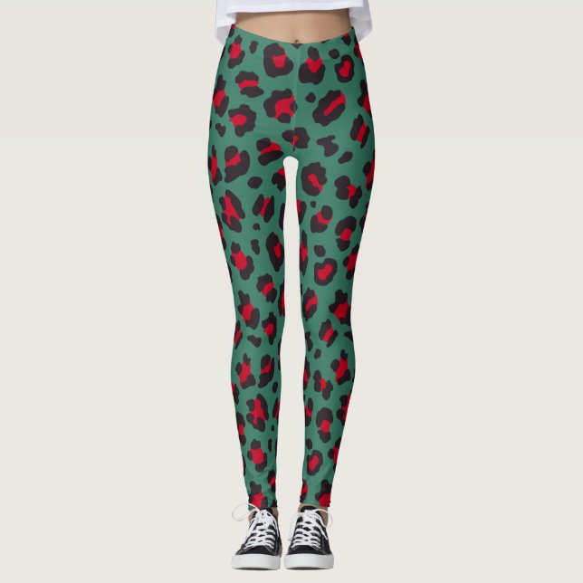 80s Style Red & Green Leopard Print Leggings (Front)