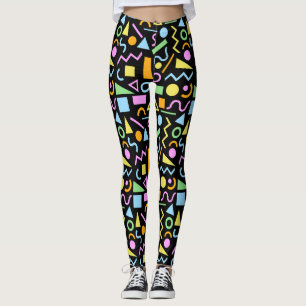 80s Style Shape Pattern Color on Black Leggings