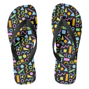 80s Style Shape Pattern Colour on Black Flip Flops