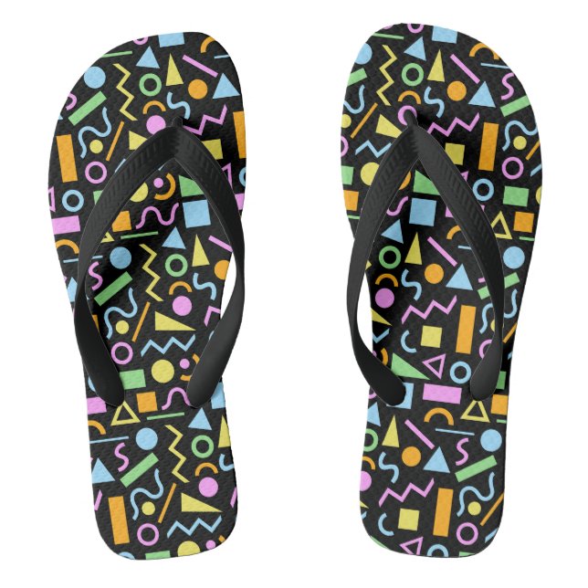 80s Style Shape Pattern Colour on Black Flip Flops (Footbed)