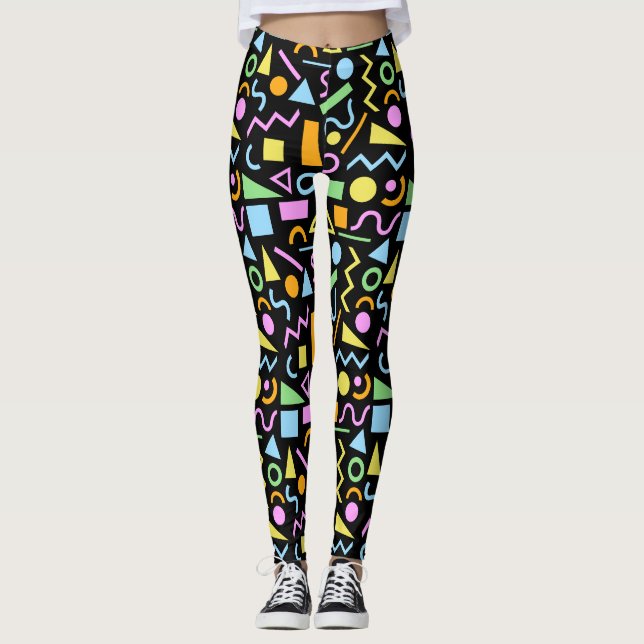 80s Style Shape Pattern Colour on Black Leggings (Front)