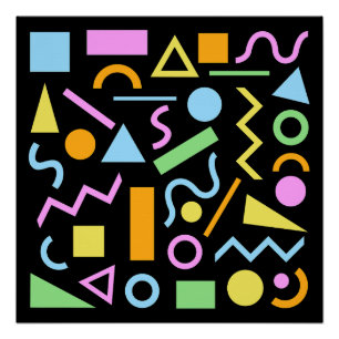80s Style Shape Pattern Colour on Black Poster