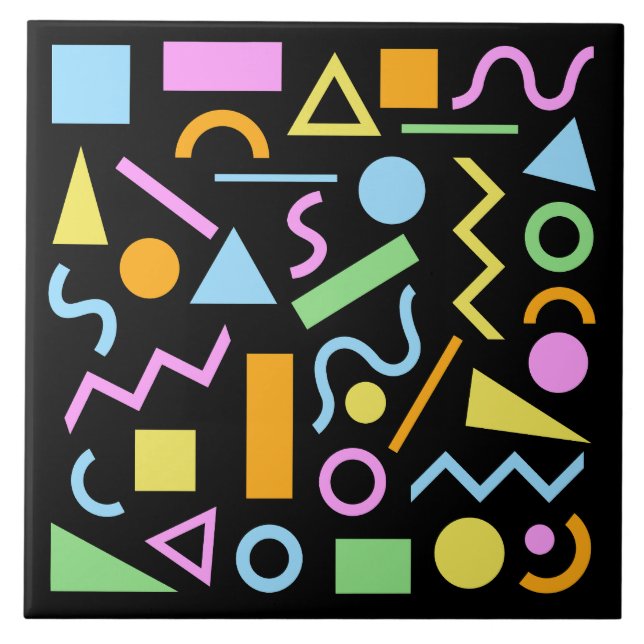 80s Style Shape Pattern Colour on Black Tile (Front)