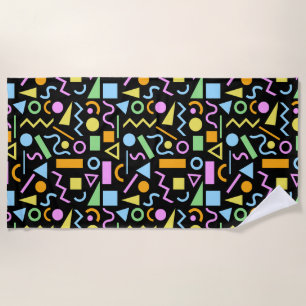 80s Style Shape Rpt Pattern Colour on Black Beach Towel