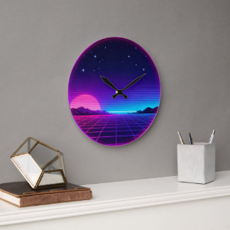 80s Synthwave Neon Sunset Circle Geometric Graphic Large Clock