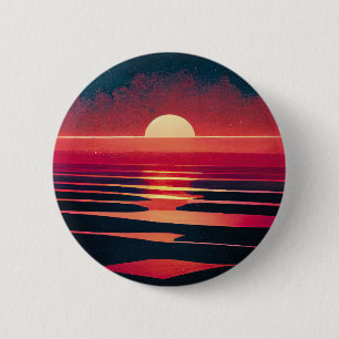 80s Synthwave Red Sea And Vintage Sunset 2 Inch Round Button