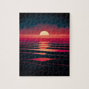 80s Synthwave Red Sea And Vintage Sunset Jigsaw Puzzle