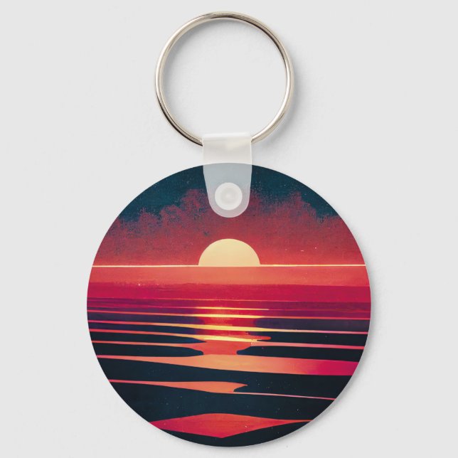 80s Synthwave Red Sea And Vintage Sunset Keychain (Front)