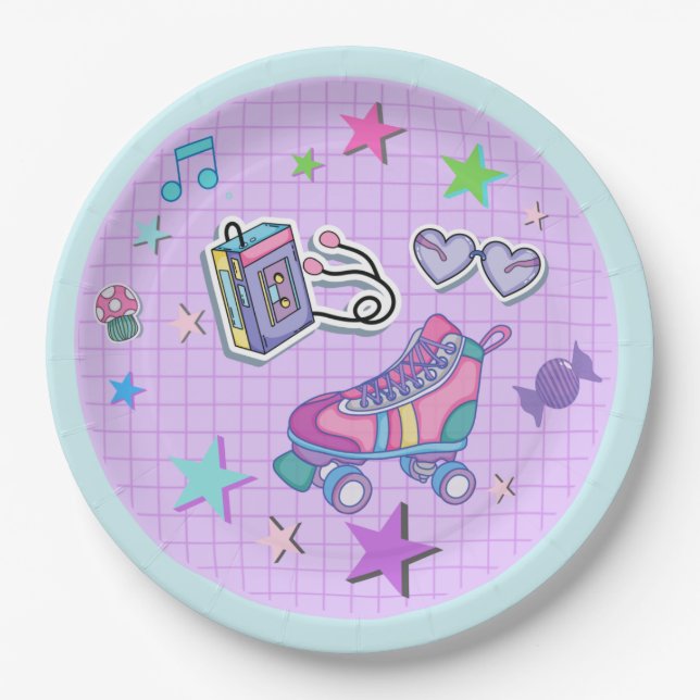 80's theme party, roller skate, music, stars paper plate (Front)
