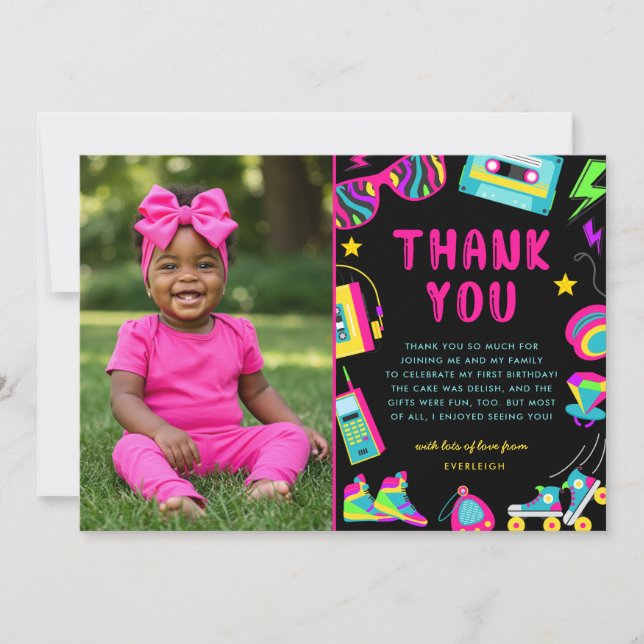 80s Themed Girls Birthday Photo  Thank You Card (Front)