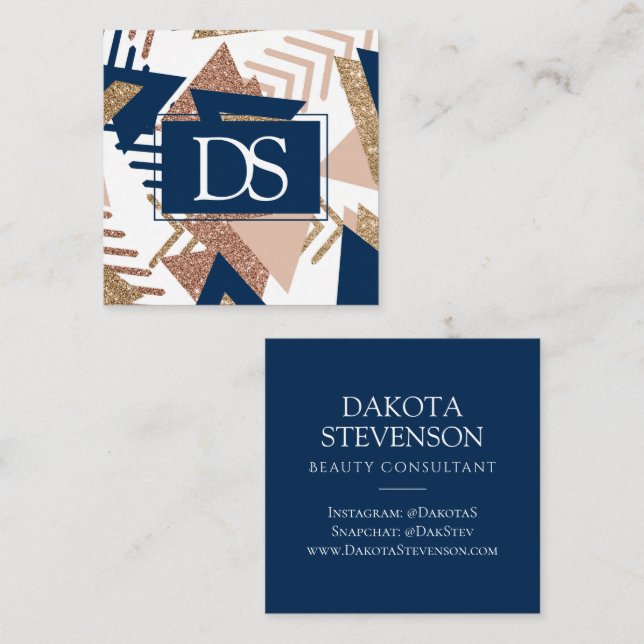 80s Trendy Abstract | Navy and Rose Gold Monogram Calling Card (Front/Back)