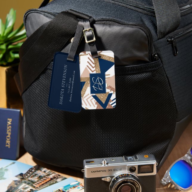 80s Trendy Abstract | Navy and Rose Gold Monogram Luggage Tag (Front & Back)