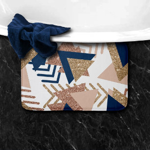 80s Trendy Abstract   Navy and Rose Gold Pattern Bath Mat