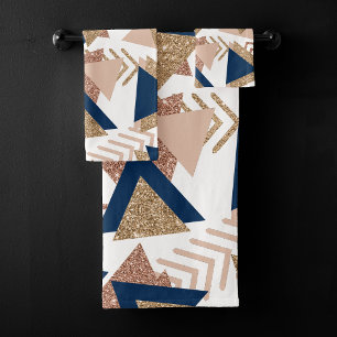 80s Trendy Abstract Navy and Rose Gold Pattern Bath Towel Set
