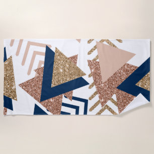 80s Trendy Abstract   Navy and Rose Gold Pattern Beach Towel