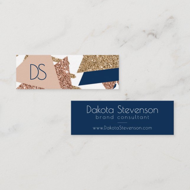 80s Trendy Abstract | Navy and Rose Gold Website Mini Business Card (Front/Back)