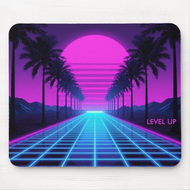 80s Vaporwave Neon Grid Desk Mat with Palm Trees Mouse Pad (Front)