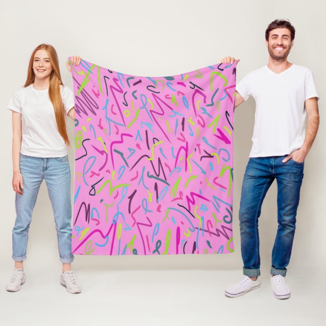 80s Vintage Print in Pink Fleece Blanket (In Situ)