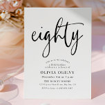 80th B&W Birthday Party Modern Script Typography Invitation<br><div class="desc">This modern, black and white design features the word "eighty" in a script style calligraphy and an elegantly spaced, modern typography comprising classical serif fonts. The invitations reverse to a delicate repeating triangle pattern in black and chromatic grey. Suitable for men or women. Choose from printed Zazzle invitations with different...</div>