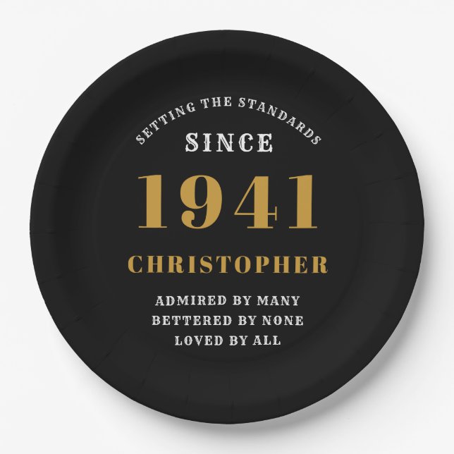 80th Birthday 1941 Black Gold Love Personalized Paper Plate (Front)