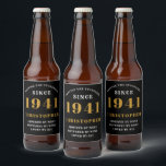 80th Birthday 1941 Black Gold Retro Personalized Beer Bottle Label<br><div class="desc">A personalized classic label design for that birthday celebration for a special person born in 1941 and turning 80. Add the name to this vintage retro style black, white and gold design for a custom 80th birthday gift. Easily edit the name and year with the template provided. A wonderful custom...</div>